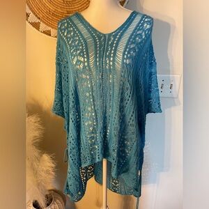 Shermie loose casual crochet cover up. Peacock blue. OS